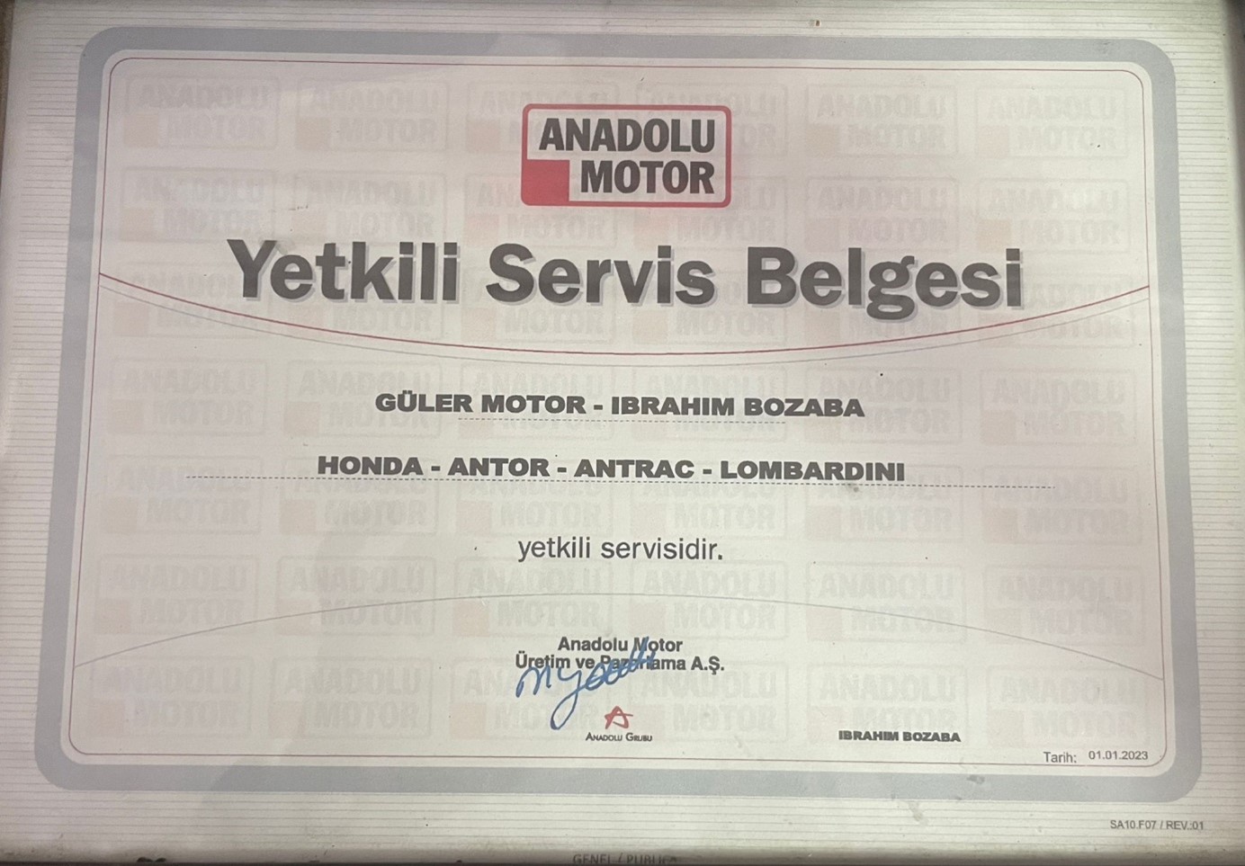 ANADOLU MOTOR YETKİLİ BAYİ BELGESİ